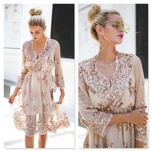 Elegant Beige Embroidered Midi Dress